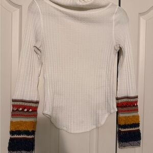 Free People White Sweater with Multicolor Sleeve Accents